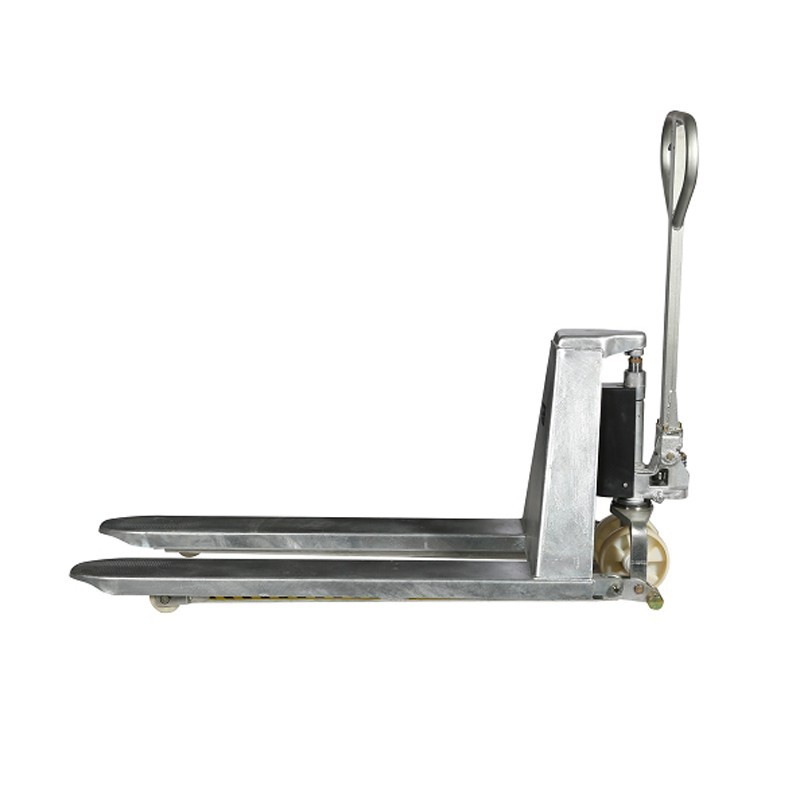 Vista de perfil de la transpaleta de gran elevación 1000kg galvanizada