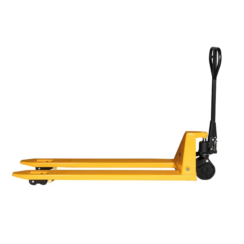 Vista de perfil de la transpaleta manual 2000kg horquillas largas