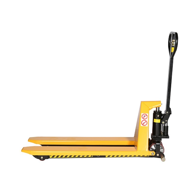 Vista de perfil de la transpaleta manual de gran elevación horquilla baja