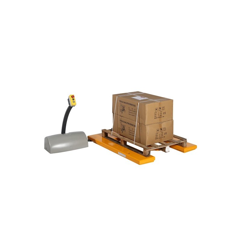 Mesa elevadora en E 1000kg plataforma baja con paleta y cartón