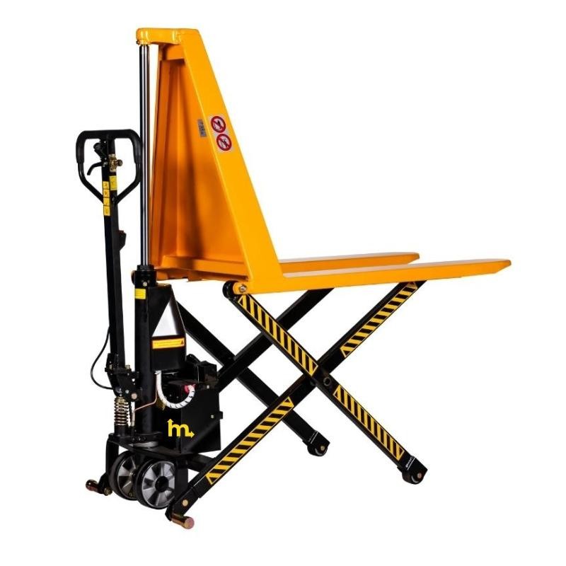 Visión delantera del transpaleta eléctrica de gran elevación monocilíndrica  680 mm horquilla alta