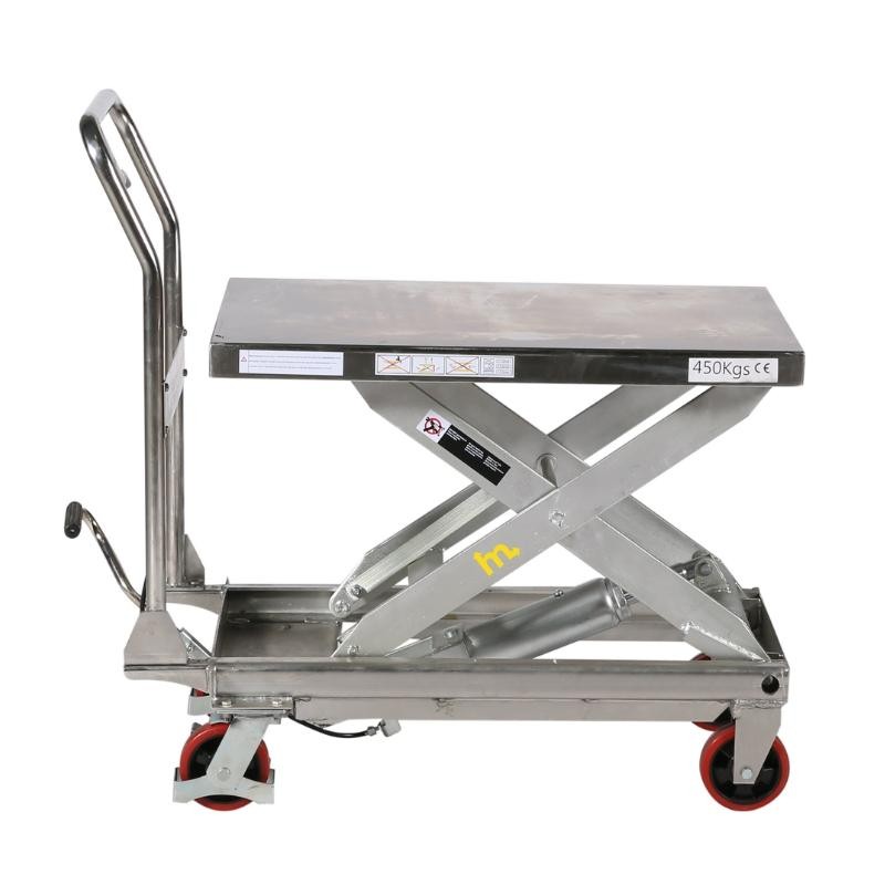 Vista de perfil de la mesa elevadora inoxidable 450kg plataforma alta