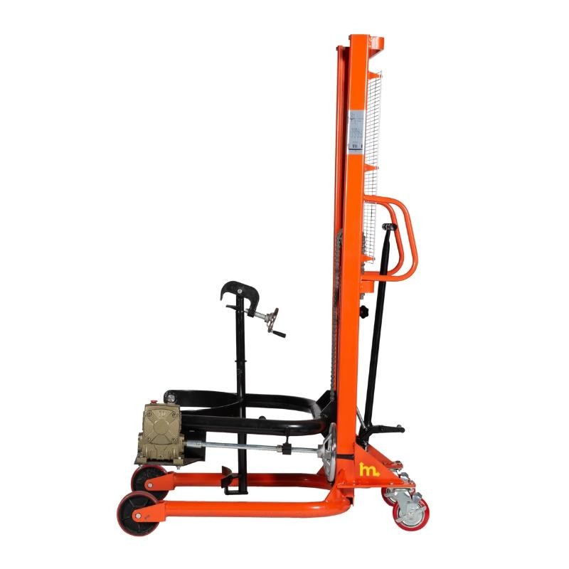 Vista de perfil del apilador volteador de barriles 350kg sin barril posición baja