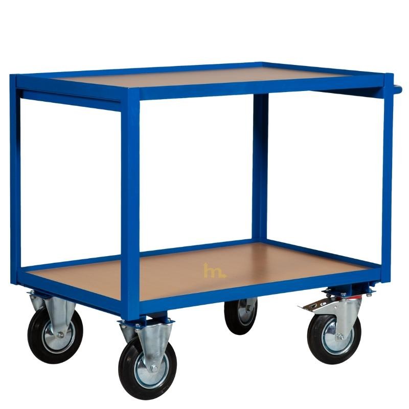 Vista de 3/4 del Carrito de taller con 2 bandejas de madera de 1000 x 700 mm y capacidad de carga de 300 kg.