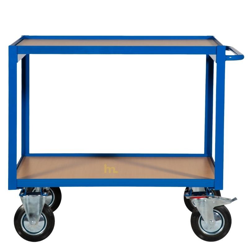 Vista de profil del Carrito de taller con 2 bandejas de madera de 1000 x 700 mm y capacidad de carga de 300 kg.