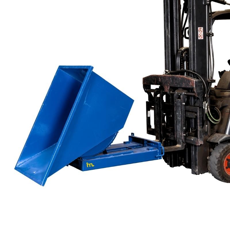 Tolva autobasculante 300L azul en proceso de balanceo