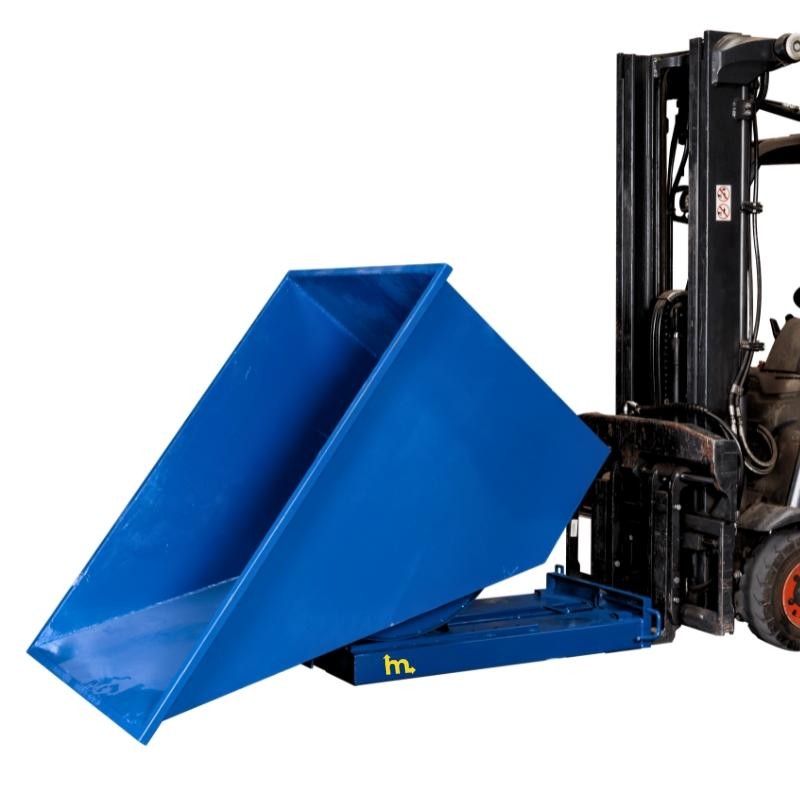 Tolva autobasculante 1100L azul con una carretilla elevadora