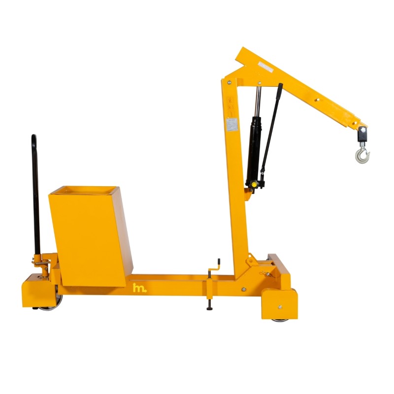 Vista de perfil de la grúa taller con contrapeso 750kg - gancho posición baja