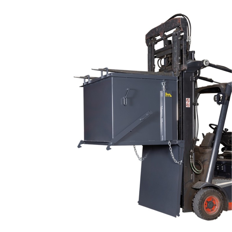 Vista de 3/4 de la tolva con descarga inferior 800l con carretilla elevadora -Fondo de la tolva completamente abierto