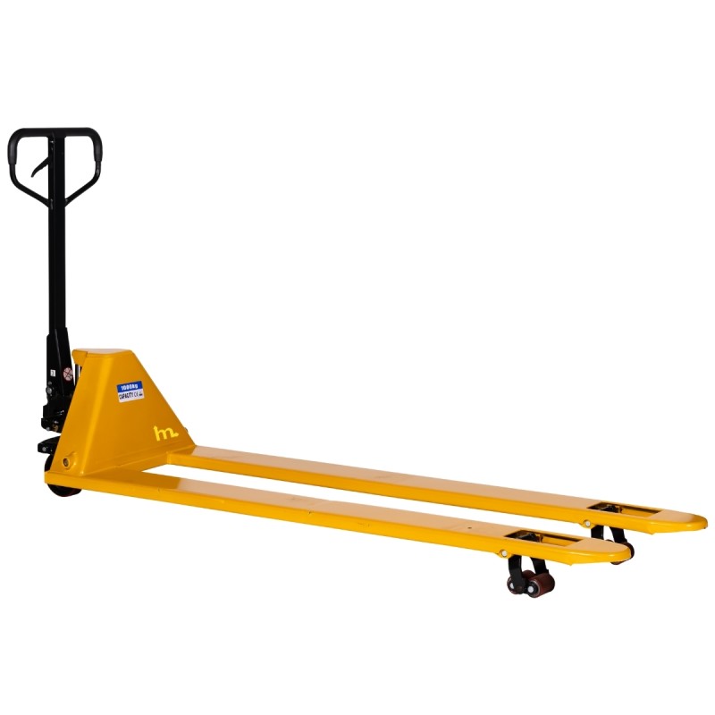 Vista trasera de 3/4 de la Transpaleta manual 1500 kg perfil bajo 52 mm, horquillas 1800 mm con las horquillas levantadas