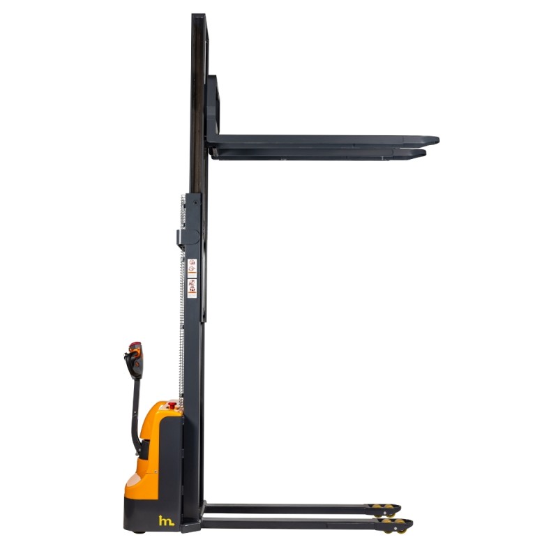 Vista de perfil del Apilador eléctrico 3500 mm Capacidad 1500 kg Horquillas 1550 mm media-altas