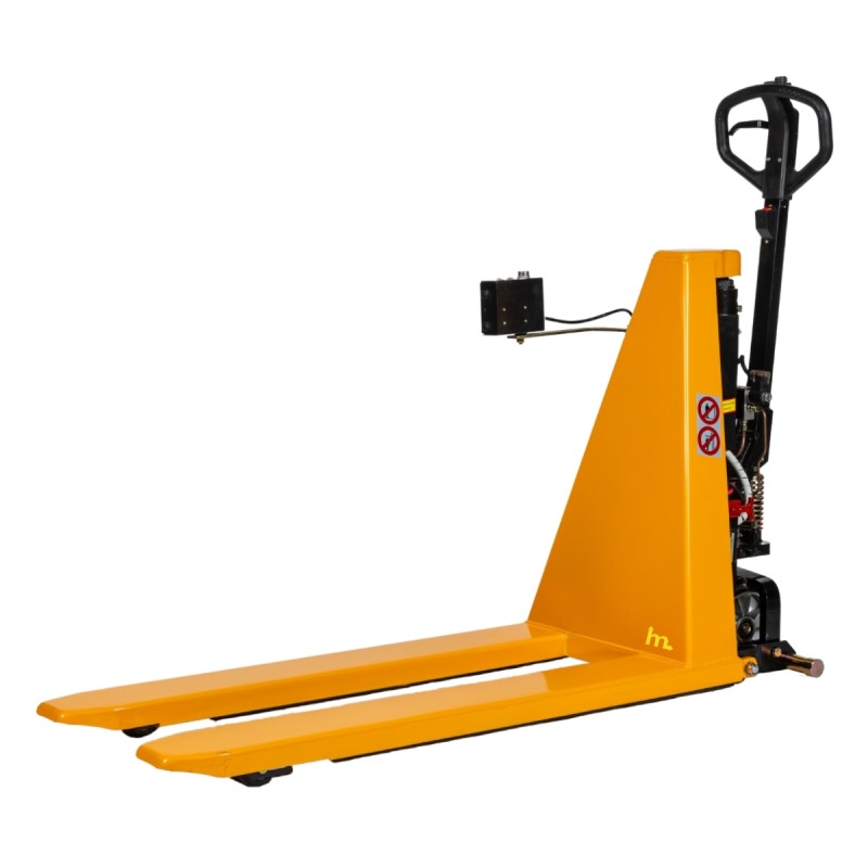 Vista trasera de 3/4 de la transpaleta elevadora con nivel constante 1000kg monocilíndrica en posición baja