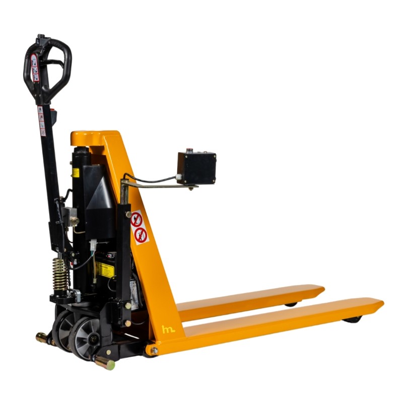 Vista delantera de 3/4 de la transpaleta elevadora con nivel constante 1000kg monocilíndrica en posición baja