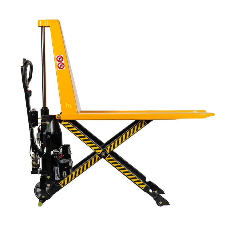 Vista de perfil de la transpaleta elevadora con nivel constante 1500kg - posición alta