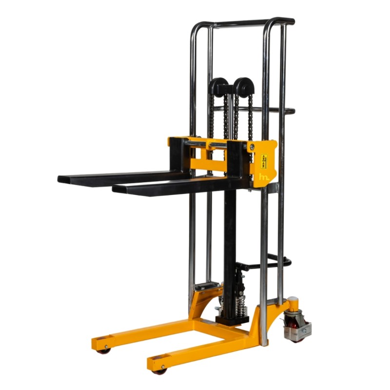 Vista trasera de 3/4 del apilador manual 400kg 1300mm con horquillas medio-altas