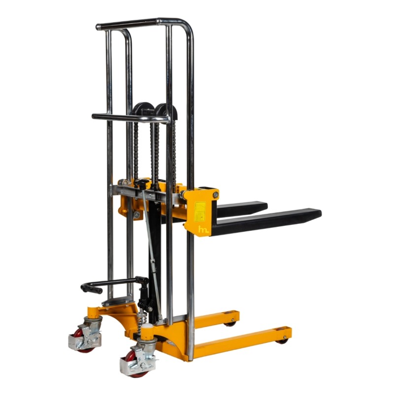 Vista delantera de 3/4 del apilador manual 400kg 1300mm con horquillas medio-altas