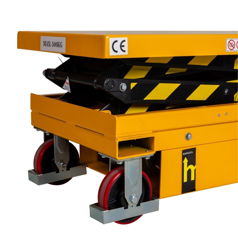 Zoom sobre las ruedas de la Mesa Elevadora Eléctrica móvil capacidad 500 kg