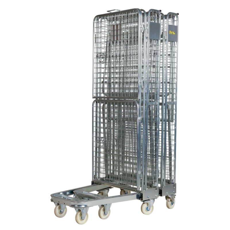 Roll container de seguridad 4 laterales con ruedas de nylon plegado y apilado