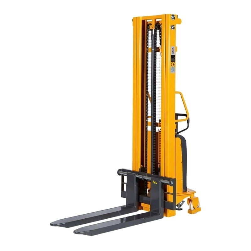 Vista trasera de 3/4 del apilador semi eléctrico 1000kg 2500mm horquillas bajas