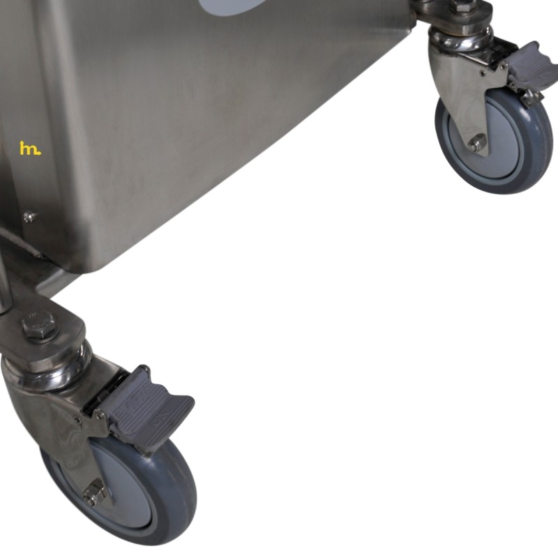 Zoom a las ruedas del Apilador Semi Eléctrico INOX 150Kg Posicionador de Trabajo