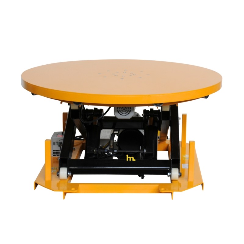 Vista general de la mesa elevadora giratoria eléctrica 2000kg sin fuelle de protección y a media elevación