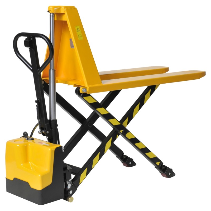 Vista trasera de la transpaleta elevadora eléctrica bicilíndrica Elevación 800 mm levantada