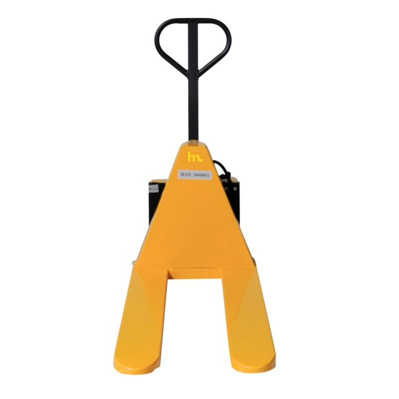 Vista frontal de la Transpaleta elevadora eléctrica bicilíndrica Elevación 800 mm con las horquillas bajadas