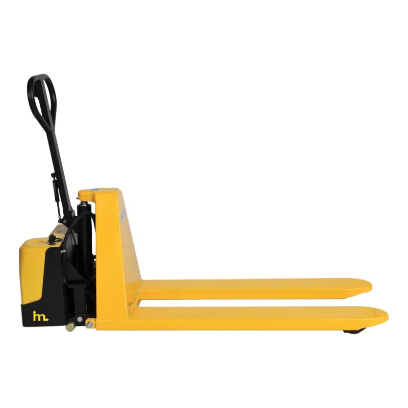 Vista de perfil de la Transpaleta elevadora eléctrica bicilíndrica Elevación 800 mm con las horquillas bajadas