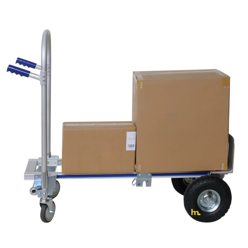 Carretilla/plataforma de aluminio 2 posiciones - 200 kg - ruedas neumáticas - en posición carro de transporte con cartones