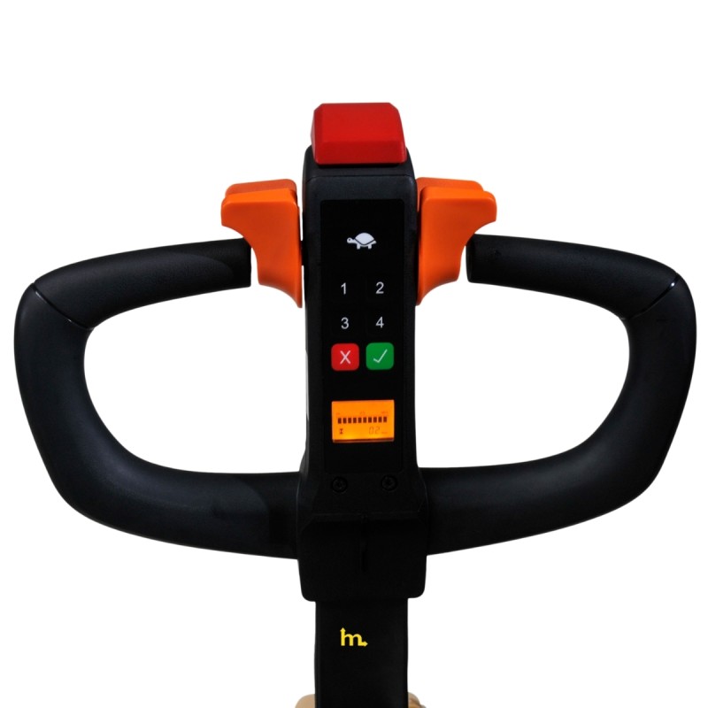 Zoom al timón por detrás de la Transpaleta elevadora totalmente eléctrica monocilíndrica con las teclas de control