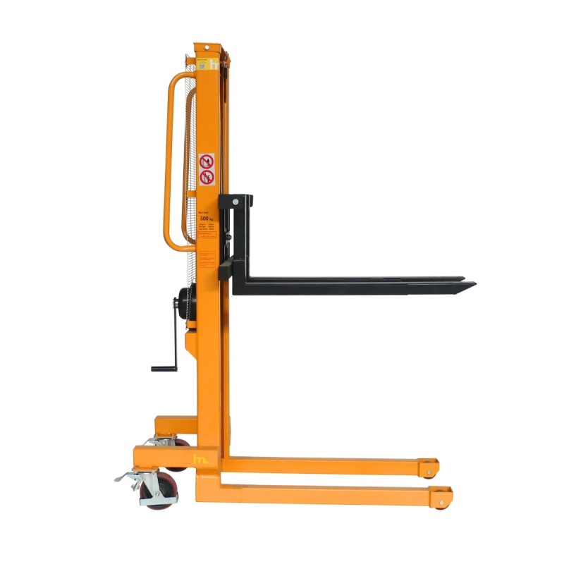 Vista lateral del apilador manual con manivela 500 kg – Horquillas regulables - Elevación 1500 mm
