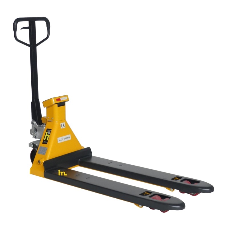 Vista en 3/4 de la transpaleta manual pesadora con batería 2000 kg Precisión 0,1%
