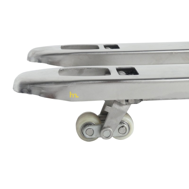 Vista de los rodillos de la transpaleta con bascula INOX 304 - 2000 kg - Precisión 0,1%