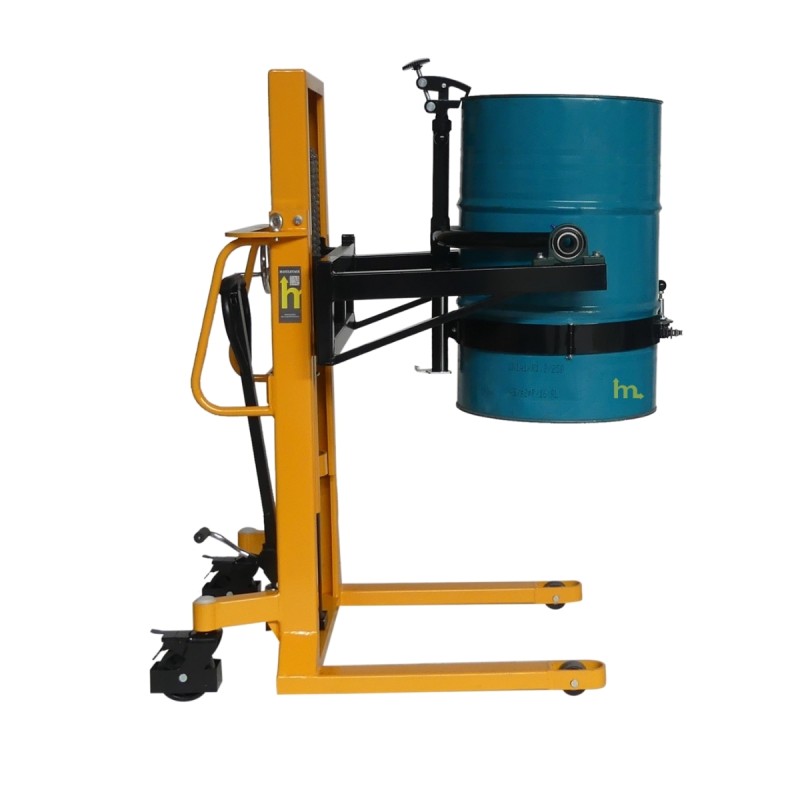 Vista lateral con barrile del apilador volteador de barriles perfil bajo 350 kg - Elevación 1500 mm