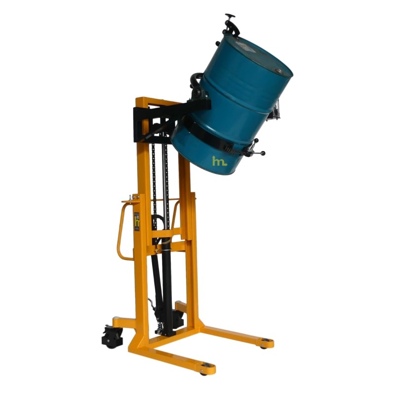 Vista en 3/4 con barrile del apilador volteador de barriles perfil bajo 350 kg - Elevación 1500 mm