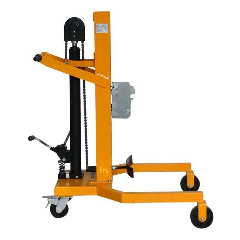 Vista lateral del elevador de barriles hidráulico 450 kg