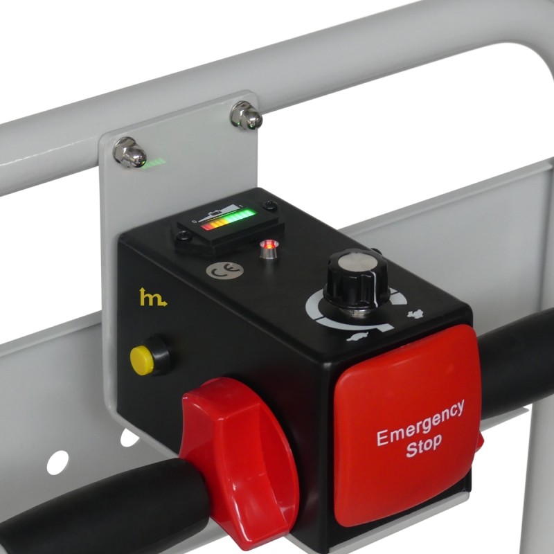 Vista del botón de emergencia del carro de plataforma motorizado bandeja 1280 x 630 mm - 400 kg