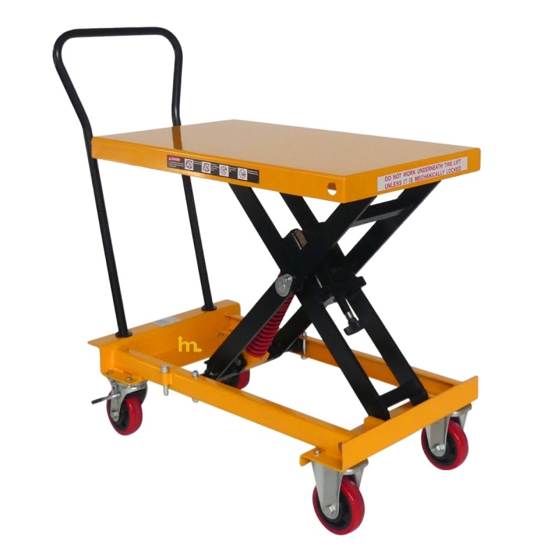 Vista en 3/4 de la mesa elevadora manual con nivel constante 210 kg - Plataforma 815x500 mm