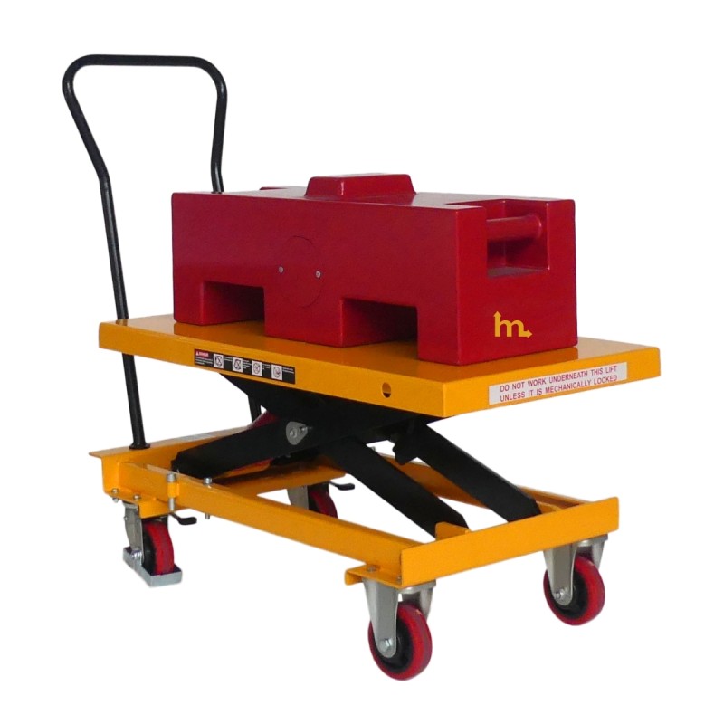 Vista en 3/4 de la mesa elevadora manual con nivel constante 400 kg - Plataforma 1010x500 mm