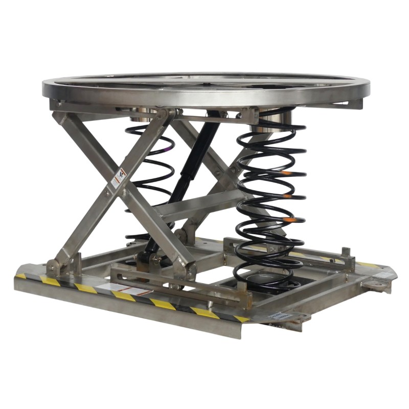 Vista general de la mesa elevadora manual giratoria de nivel constante INOX 2000 kg Plataforma abierta