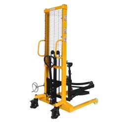 Vista general del apilador Volteador De Bidones 450 Kg -  Uñas separación 850 mm para palets - Elevación 1600 Mm