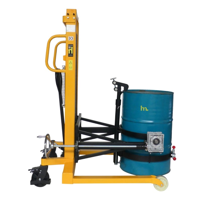 Vista lateral del apilador Volteador de bidones 450kg - Uñas separación 850 mm para palets - Elevación 2100 mm