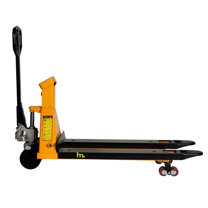 Vista de perfil de la Transpaleta pesadora 2000 kg con impresora de etiquetas adhesivas