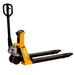 Vista en diagonal de la Transpaleta pesadora 2000 kg con impresora de etiquetas adhesivas