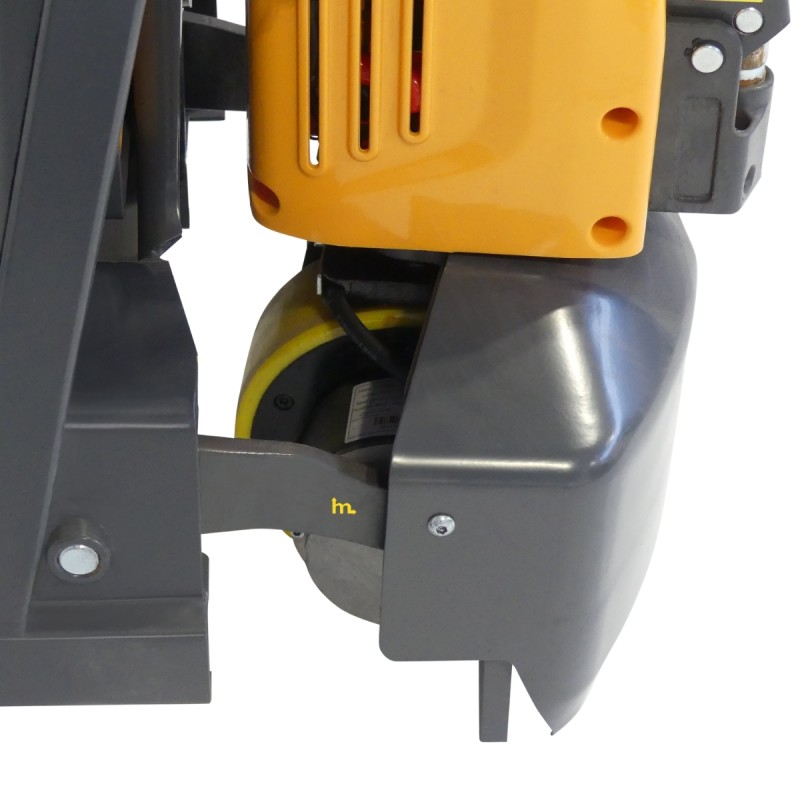 Vista de las ruedas de la transpaleta eléctrica 1500 kg - horquillas de 1150 mm - batería de litio de 20 Ah