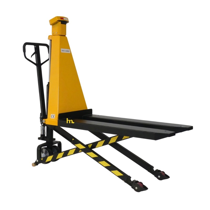 Vista en 3/4 de la transpaleta manual pesadora elevadora monocilíndrica 1500 kg