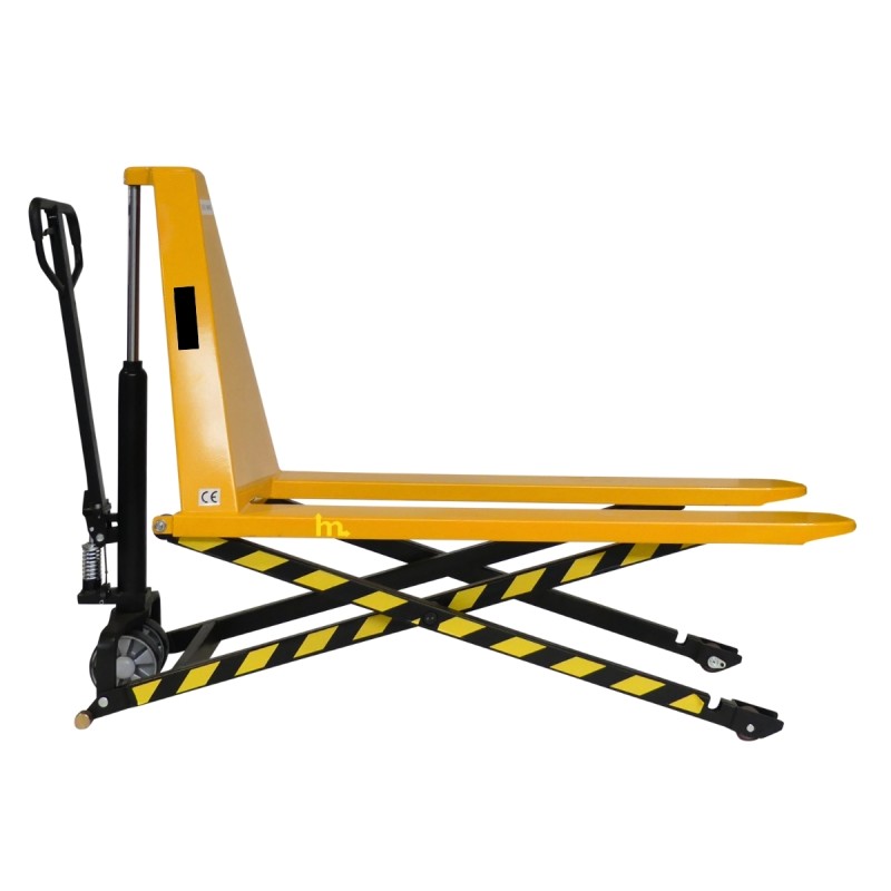 Vista de perfil de la transpaleta elevadora manual monocilíndrica 1000 kg - Horquillas anchas y largas 1500 x 680 mm
