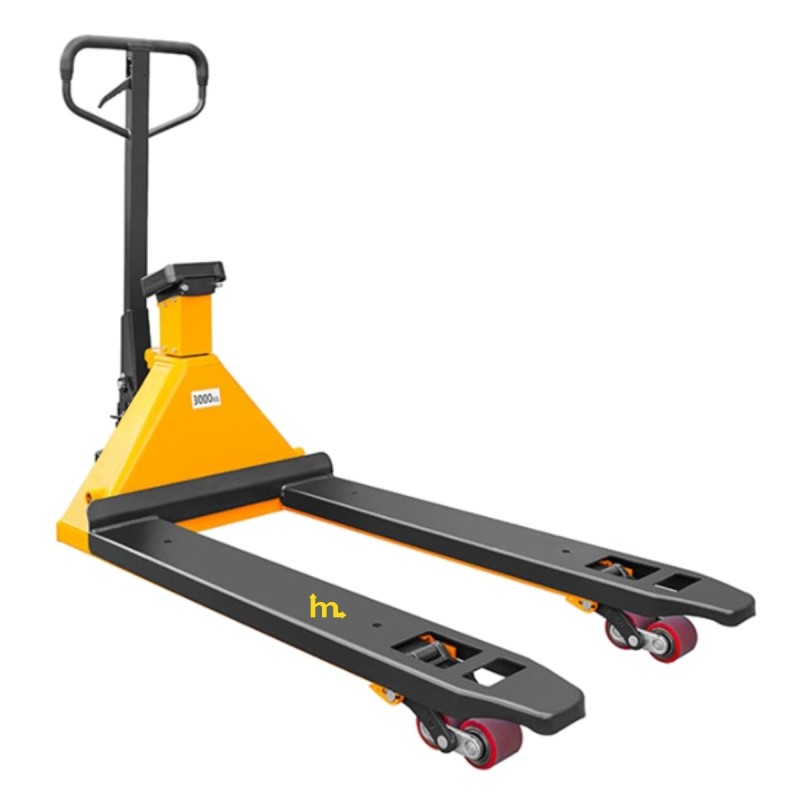 Vista en 3/4 de la transpaleta 2000 kg Pantalla impermeable Precisión 0,1% con batería