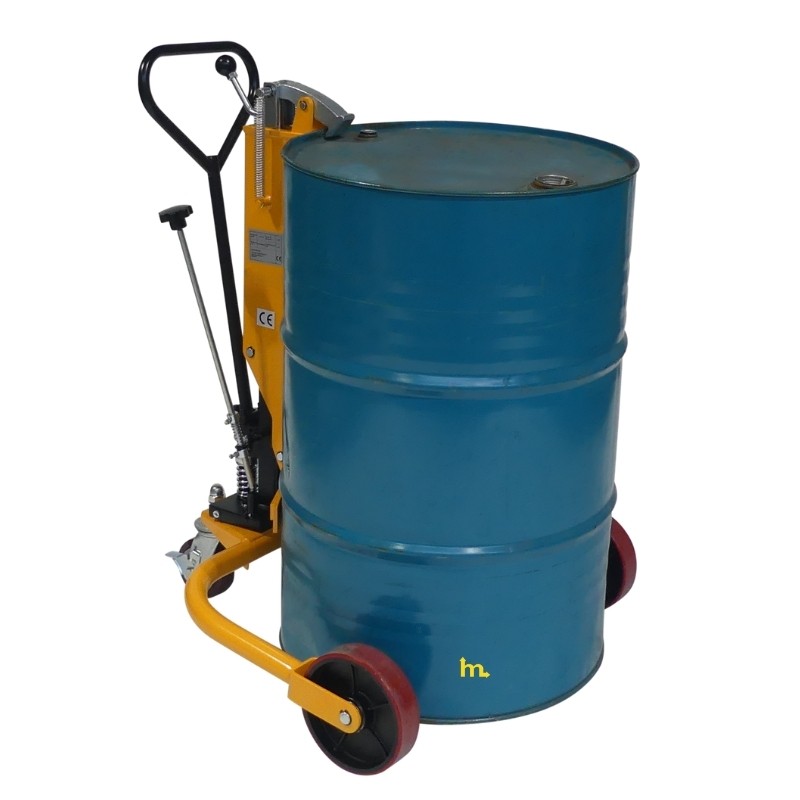 Elevador de barriles hidráulico 250 kg vista 3/4 con barril